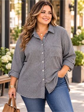 Two Twenty Gingham Plaid Linen Blend Button Down Shirt Size XL
